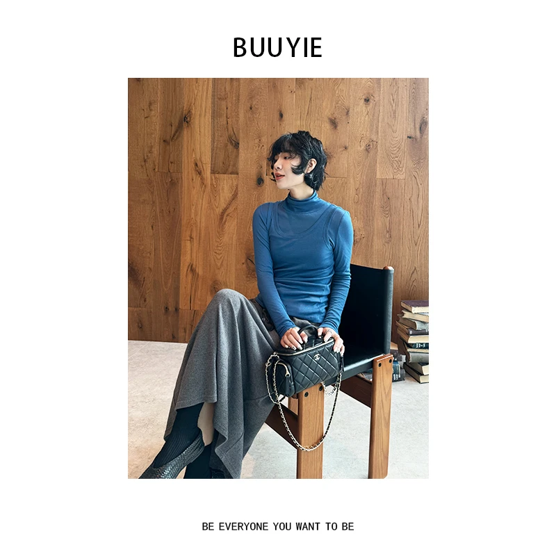 BUUYIE【蓝韵】天丝羊毛混纺长袖上衣女秋季韩系修身显瘦251029