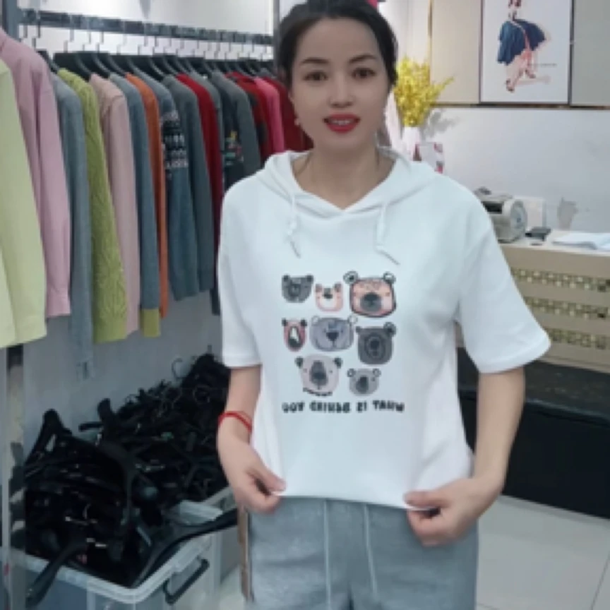 连帽印花短袖T恤女宽松休闲套头上衣夏季时尚百搭