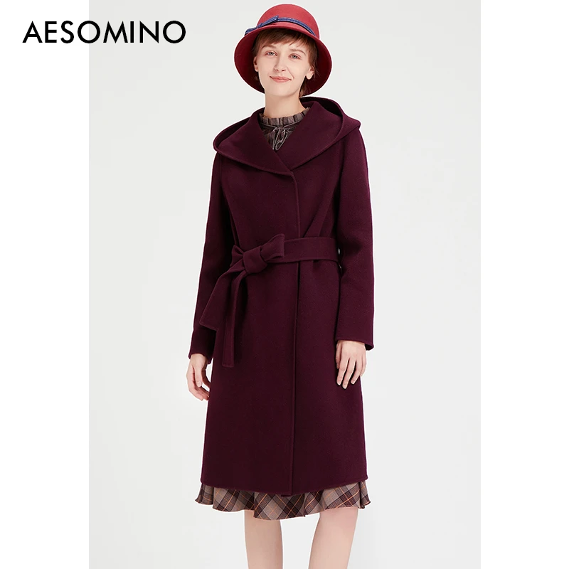 专柜撤柜衣莎美诺冬羊毛双面呢大衣时尚连帽外套女莓紫色64083203
