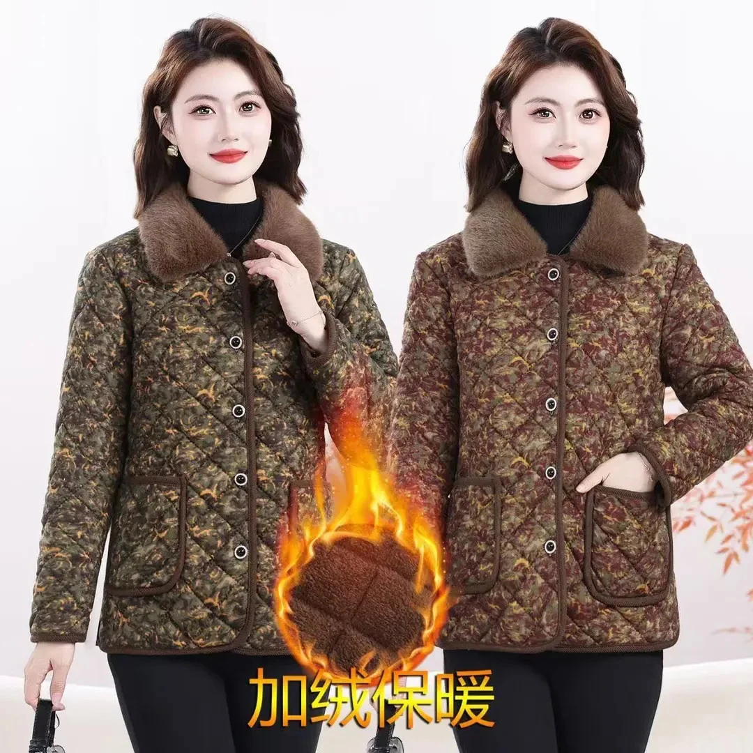 2025新款妈妈秋冬加绒棉衣中老年女装加厚碎花翻领外穿奶奶装棉衣
