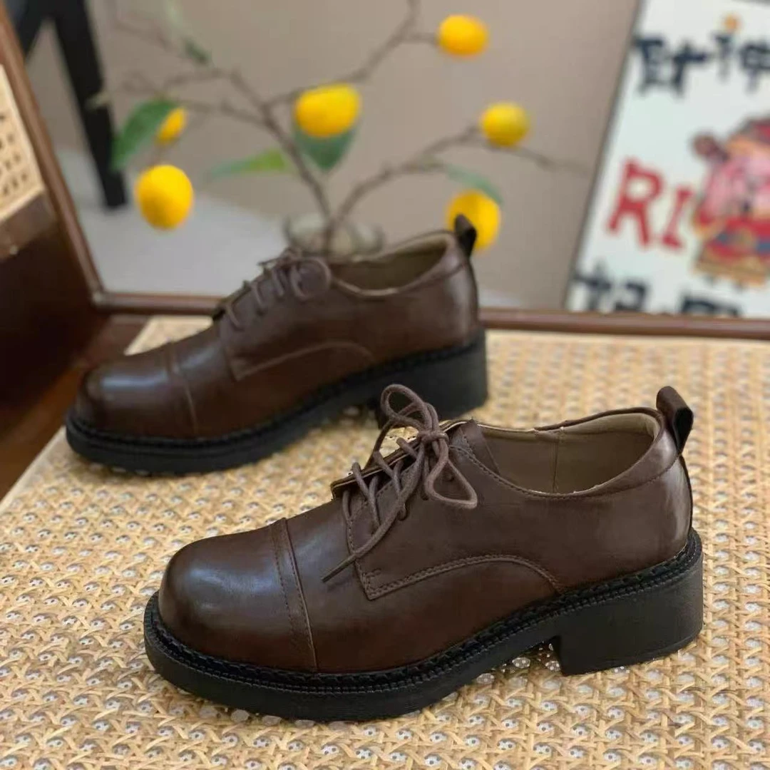 冬季布洛克鞋单鞋舒适圆头厚底系带女士真皮粗跟