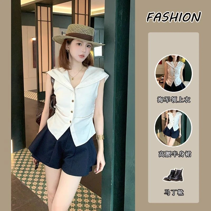 纯欲风辣妹套装女2025夏季韩系减龄海军领T恤上衣高腰短裤两件套