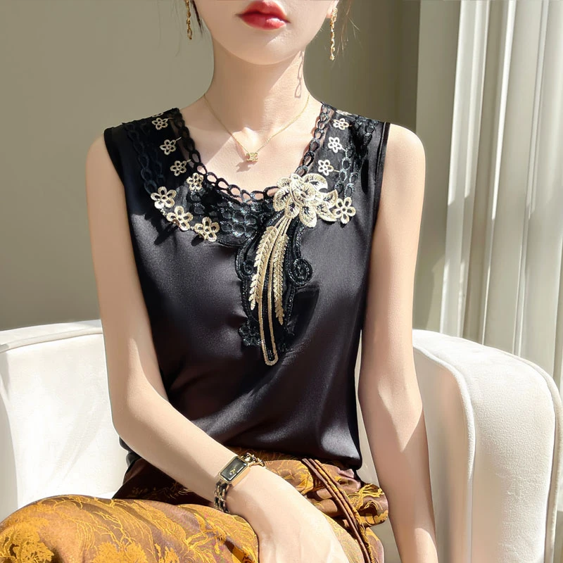 无袖重工宽松89g通勤宽松型白色无袖吊带背心绣花吊带印花A26