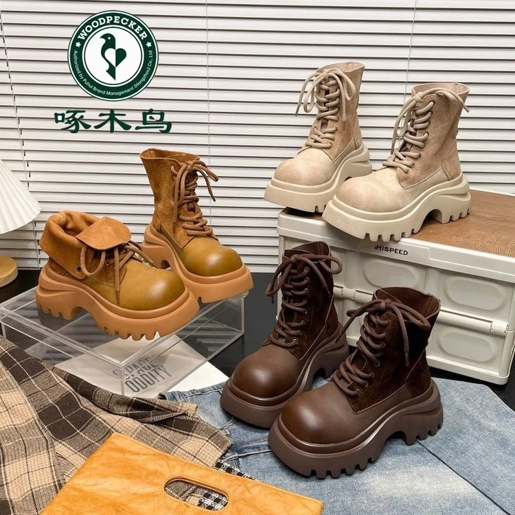 啄木鸟马丁靴女真皮系带爆款两穿机车靴短工装靴小个子厚底大黄靴