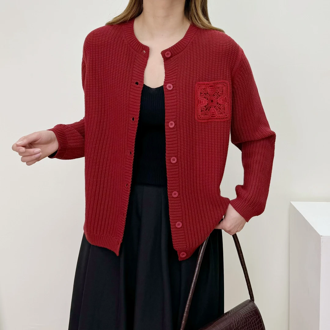 心语优选复古棉线刺绣口袋长袖针织衫秋冬百搭休闲时尚宽松外套