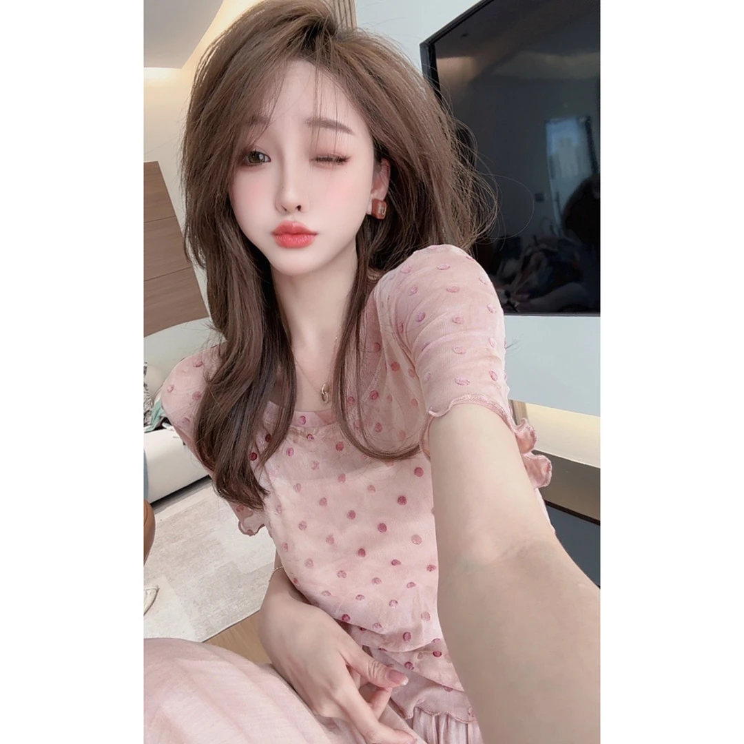 【陈陈私服】微透不规则晕染波点小衫修身显瘦凉感短袖上衣25032405