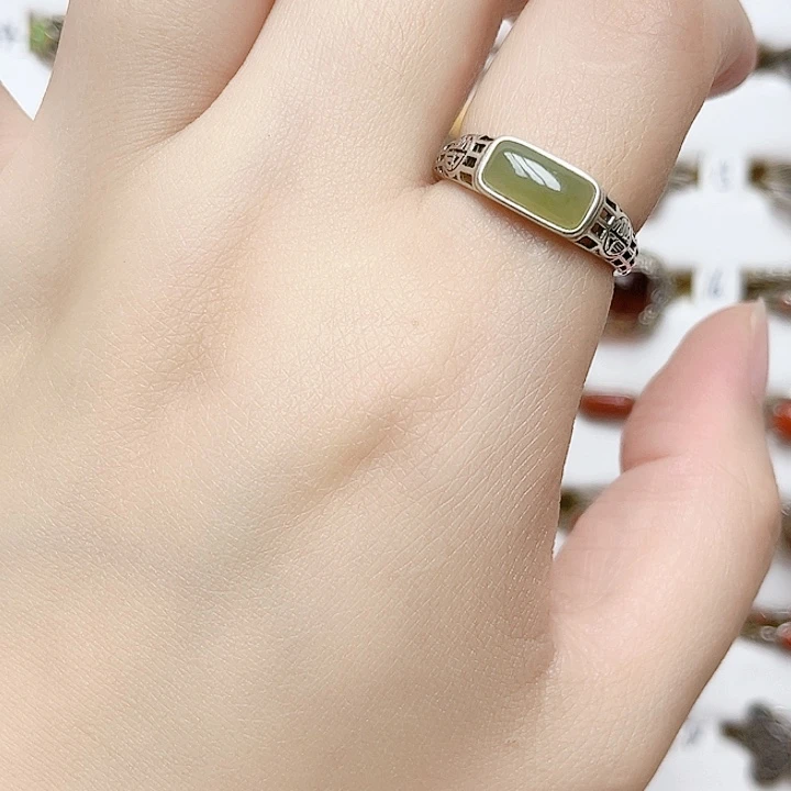 和田玉戒指银S925镶嵌天然