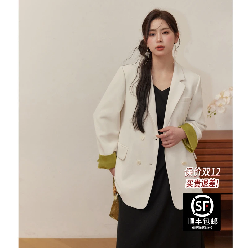 蓝语大码微胖mm气质撞色新中式西装外套秋冬新款宽松休闲西服上衣