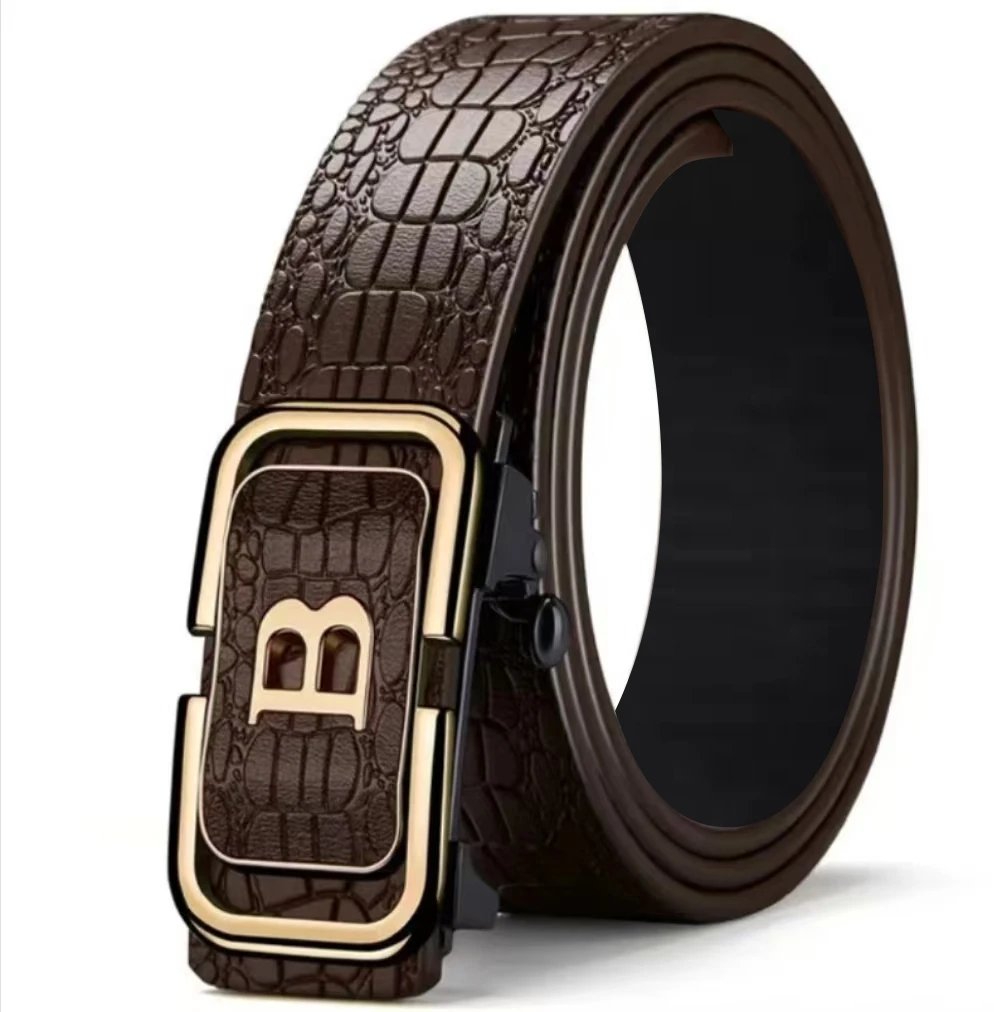 皮带保罗自动扣男款腰带百搭内穿裤带休闲压花咖B纹路扣潮流商务