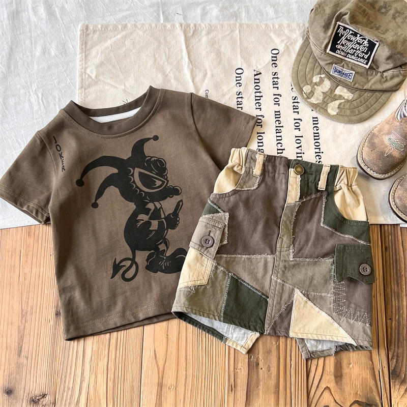 【现货】日系中古童装黑超小丑系列T恤儿童短袖拼接半裙