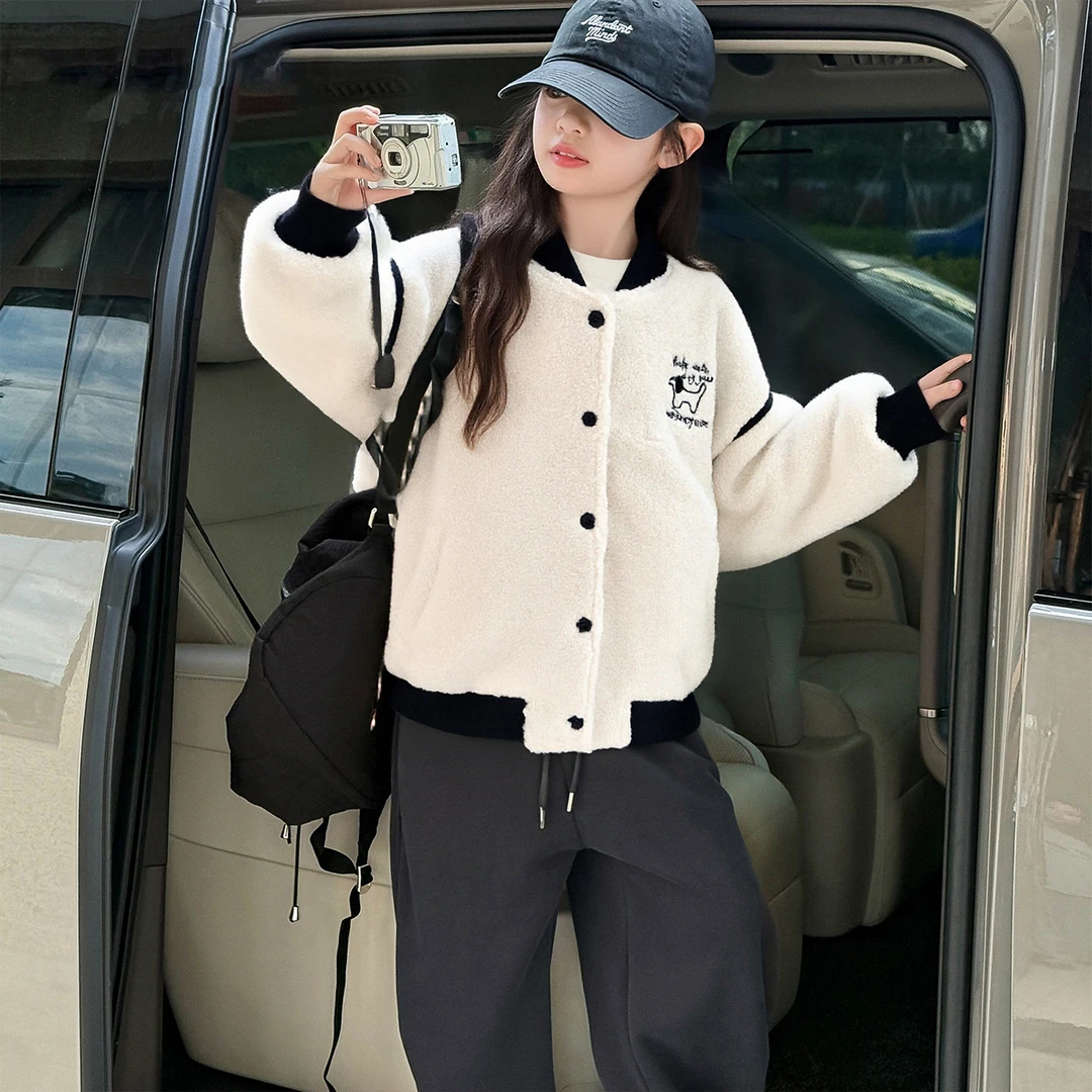 25WT153女童毛毛外套2025秋冬新款青少年冬装中大童加厚棒球服潮