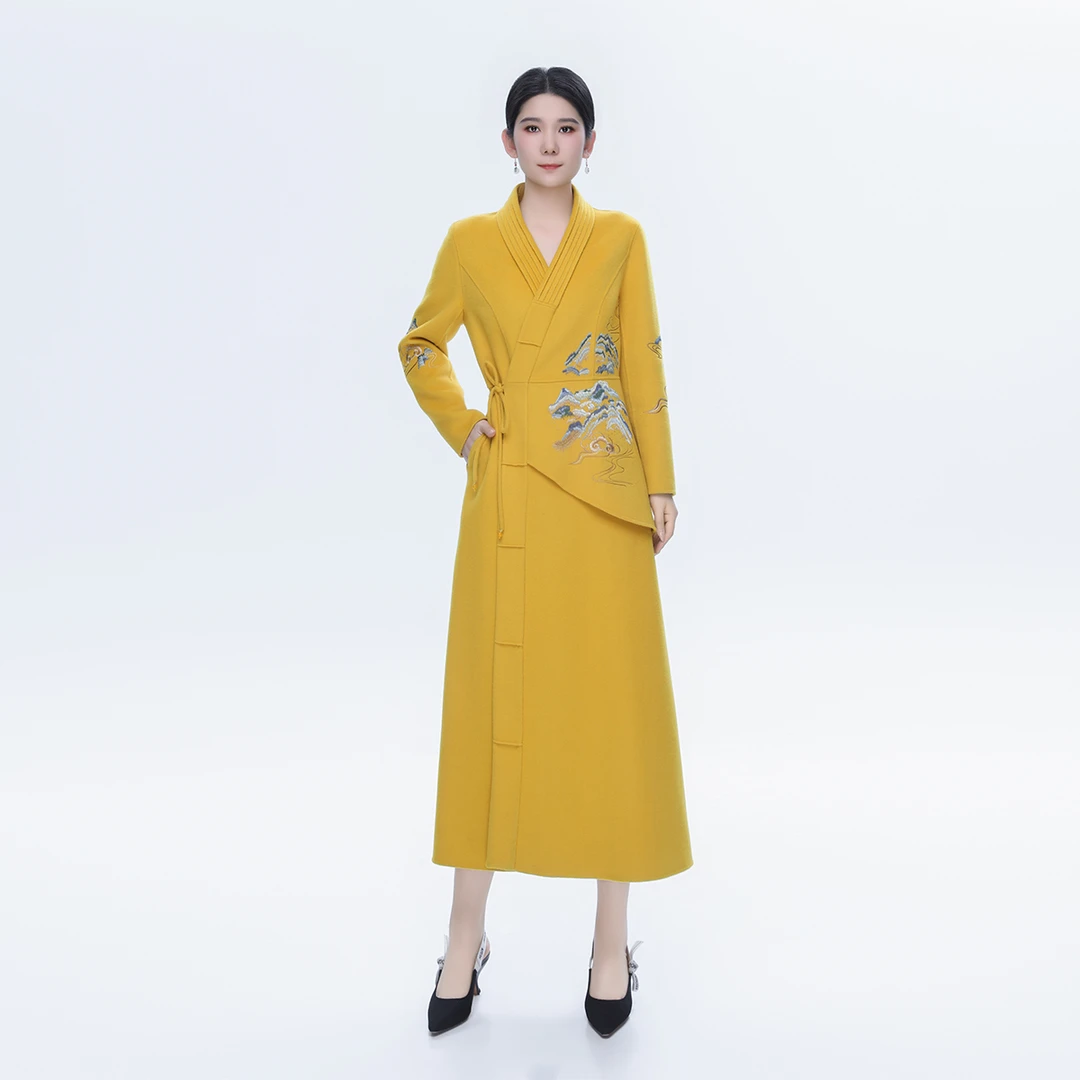 浒城古娘中式秋冬国风刺绣羊毛长袖V领女山海双面大衣-22D11216