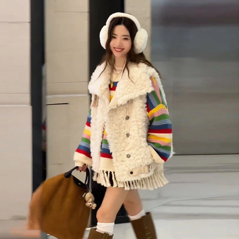 韩系马甲毛绒外套秋冬小个子流苏彩虹条纹毛衣两件套