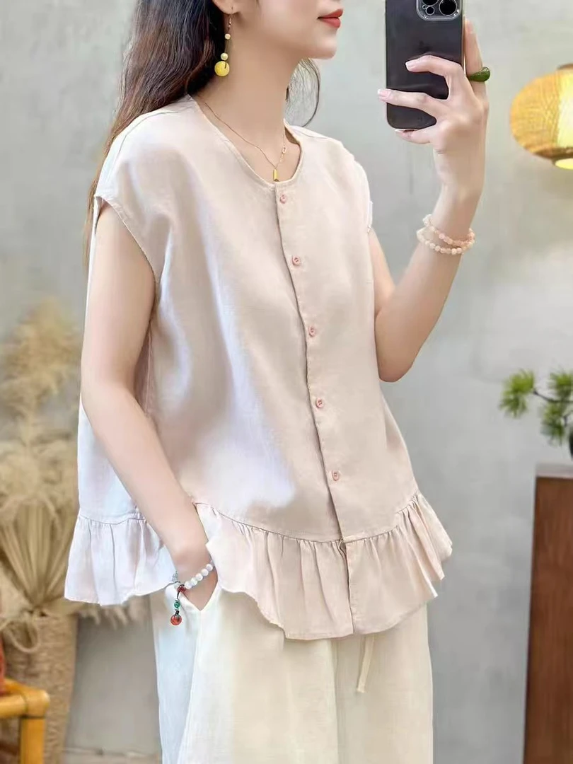 荷叶边拼接纯色无袖夏季圆领常规衬衫时尚气质简约衬衫100%亚麻