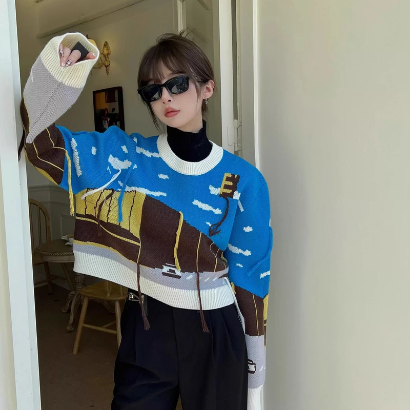 QIANJIE家｜独立原创小众设计秋冬针织图案短款毛衣926