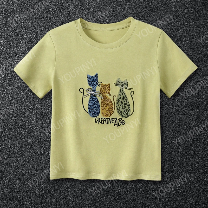 短袖T恤女2025夏季新款卡通猫咪字母刺绣设计感显瘦百搭圆领上衣