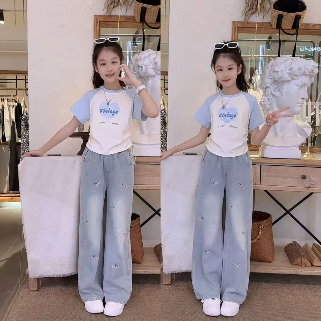 女童夏季T恤套装2025新款刺绣阔腿裤中大童夏装休闲儿童牛仔裤潮t