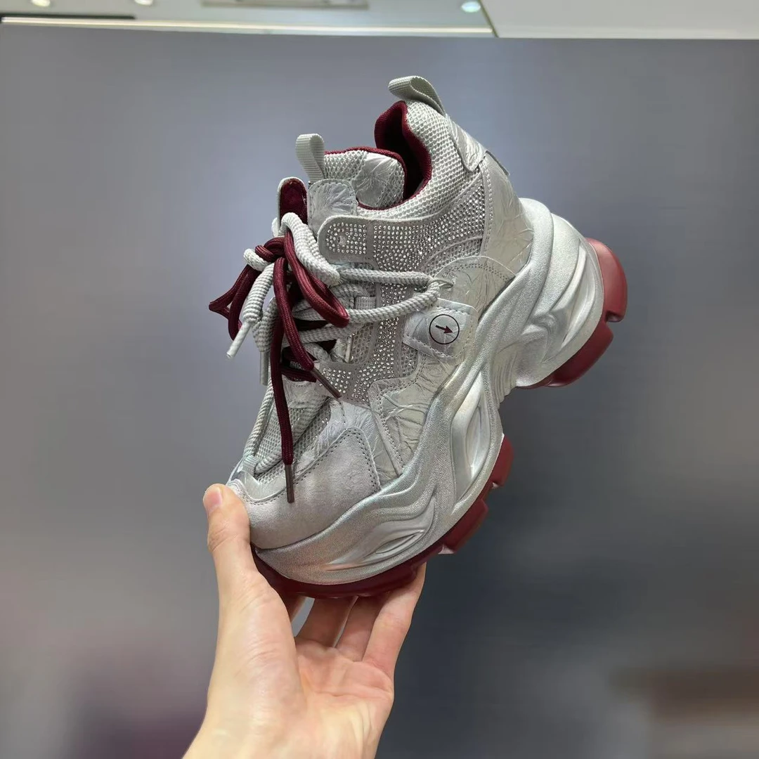 欧货机车厚底老爹鞋2025新款春季烫钻百搭绑带舒适运动休闲爆款鞋