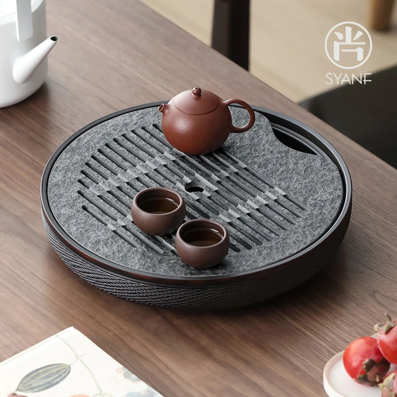 乌金石茶盘小型家用茶托盘功夫茶具茶台轻奢高档储水式圆形干泡台