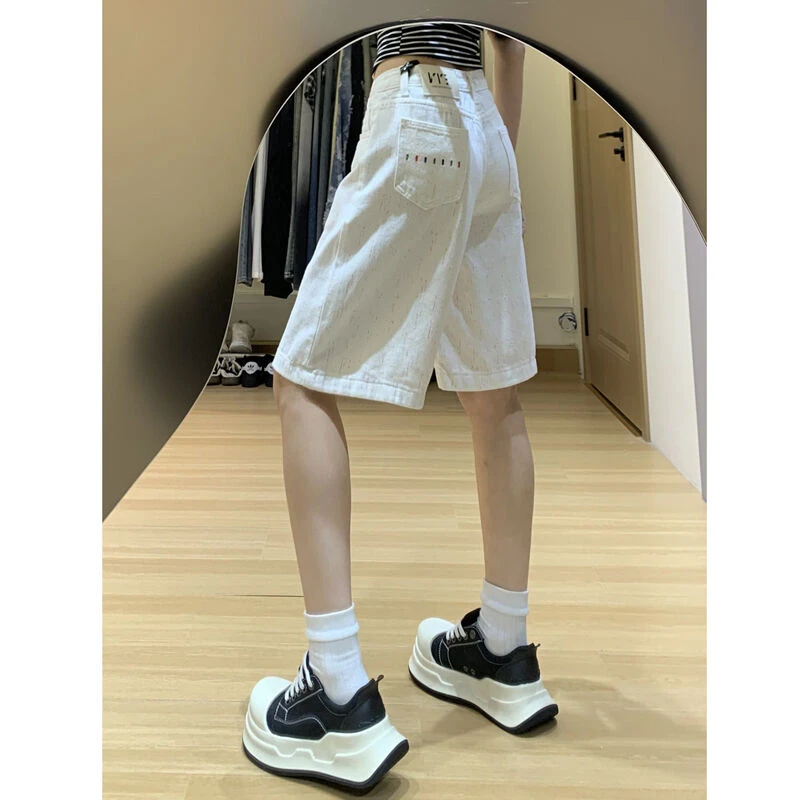 美式复古白色高腰五分牛仔裤女2025夏季新款显瘦宽松阔腿休闲短裤
