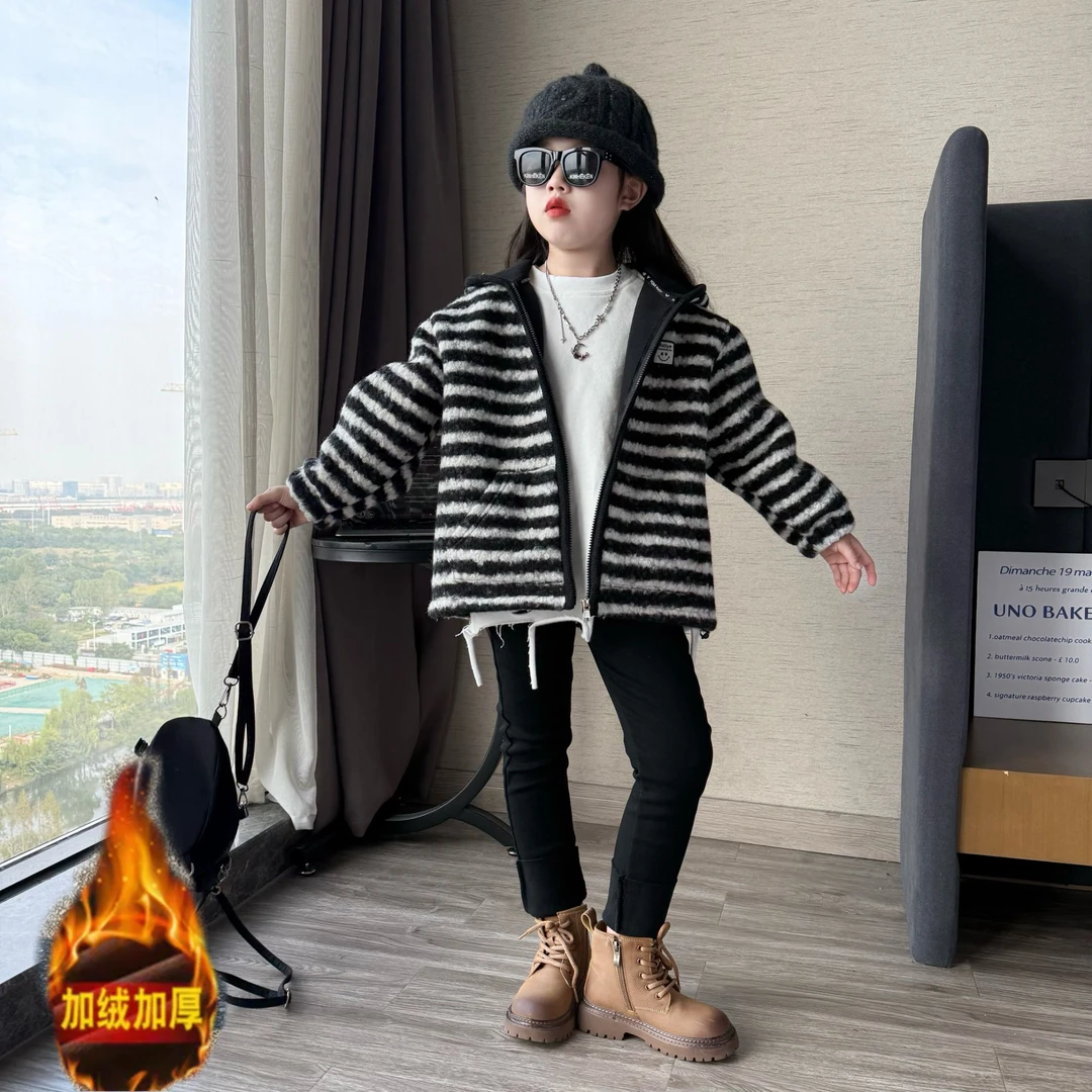 女童冬季韩版加厚复合奥粒绒毛毛衣外套女孩加绒打底衫弹力小黑裤
