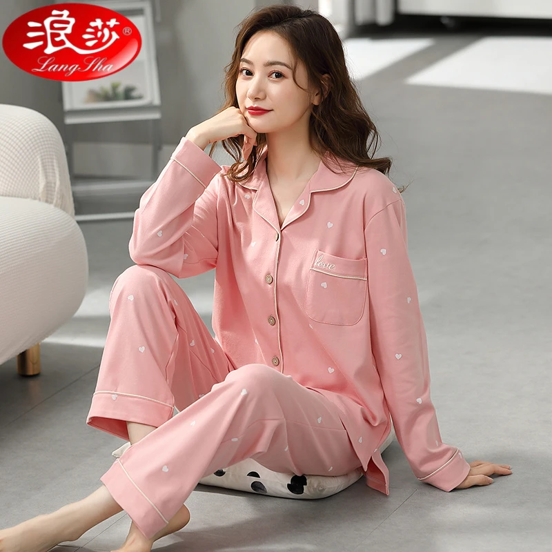 浪莎2025新款秋冬季睡衣女宽松大码长袖女士中年妈妈甜美家居服套