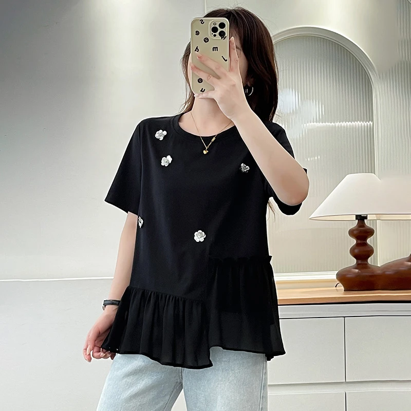 大码女装2025夏季新款时尚短袖T恤宽松显瘦百搭胖mm洋气拼接上衣