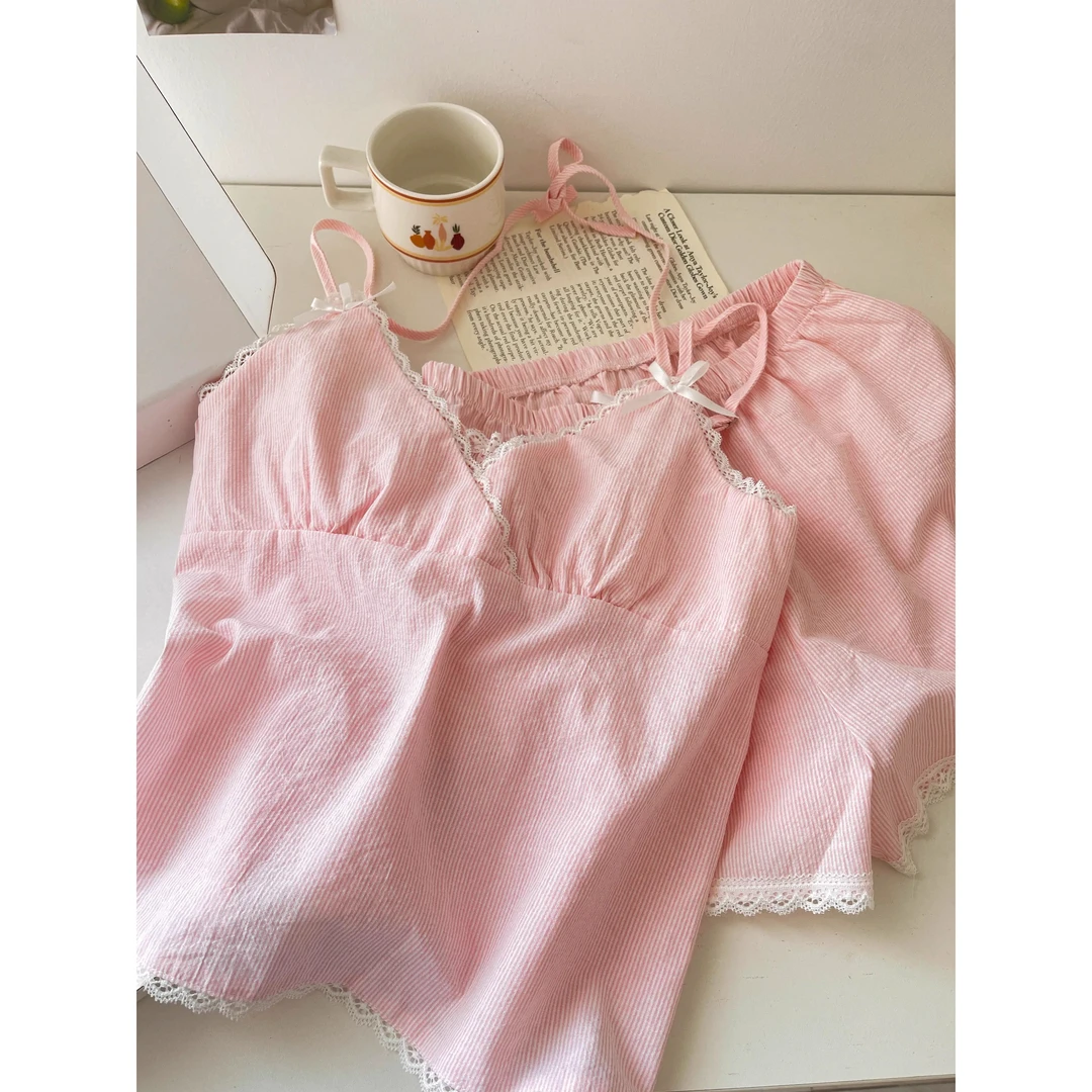 【纯欲蕾丝花边】条纹吊带纯色睡衣女夏天性感短裤套装居家服可外穿