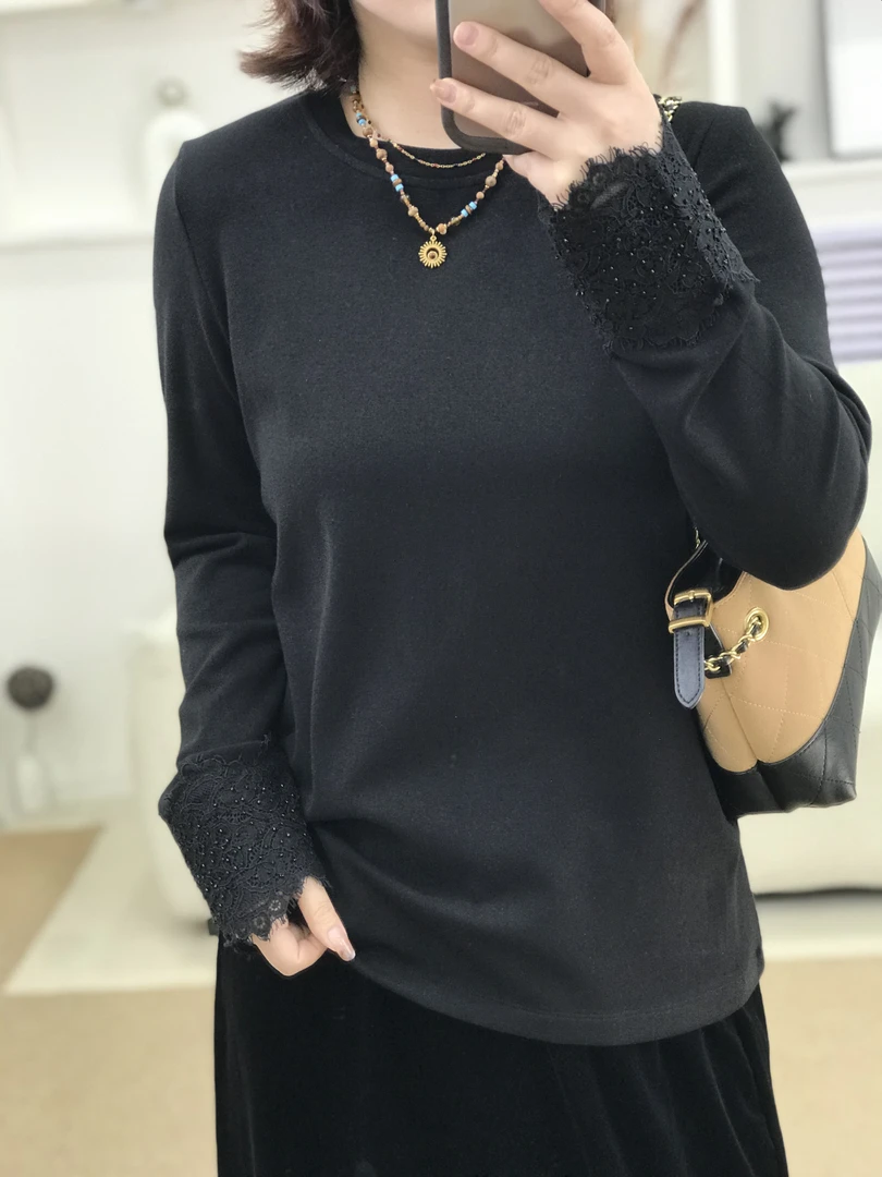 {莹莹推荐}5882冬季大码女装法式蕾丝串珠袖磨毛打底T恤