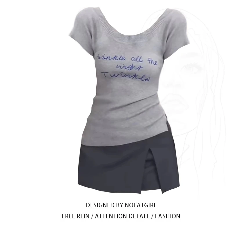 大码胖MM美式辣妹斜肩短袖T恤女夏季新款高腰修身裤裙甜辣妹套装