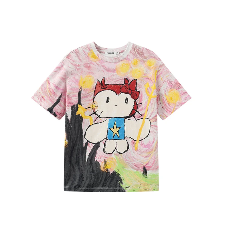【FORDARE】新品25春夏趣味手绘恶搞星空KITTY满印T恤短袖女