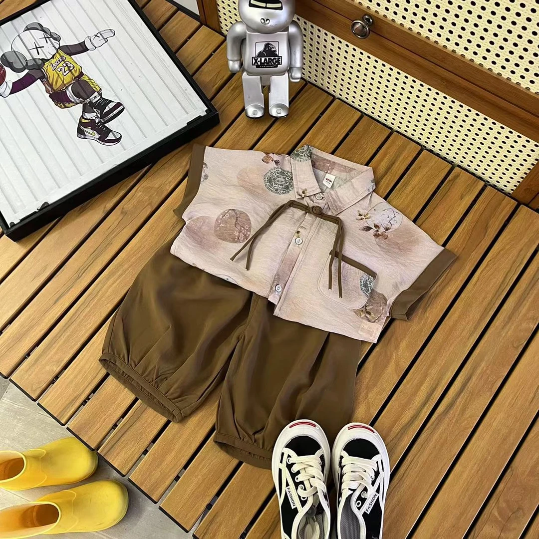 儿童夏季韩版中国风盘扣碎花衬衫两件套XQ789