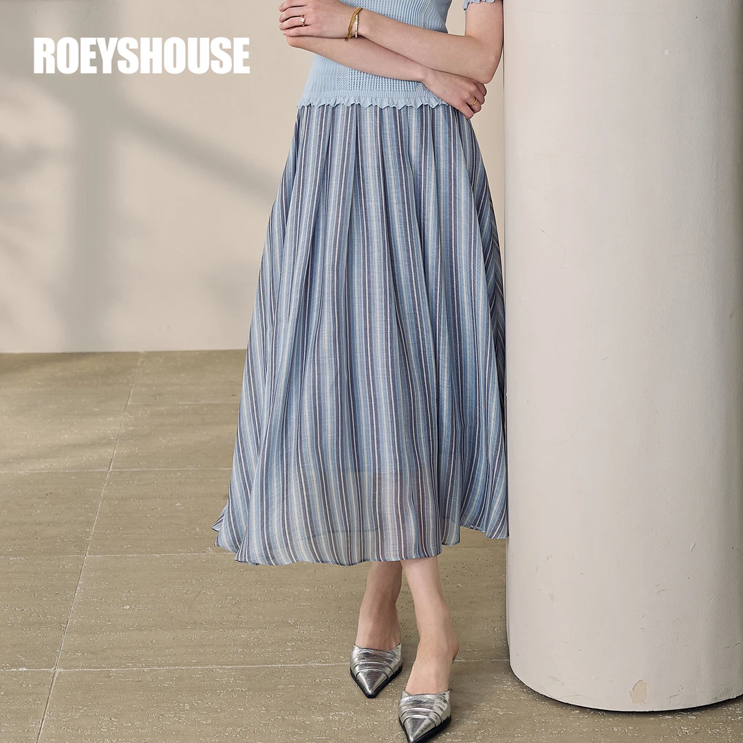 【琳菲精选】罗衣时尚百搭条纹半身裙2025夏季新款高腰大摆裙12254