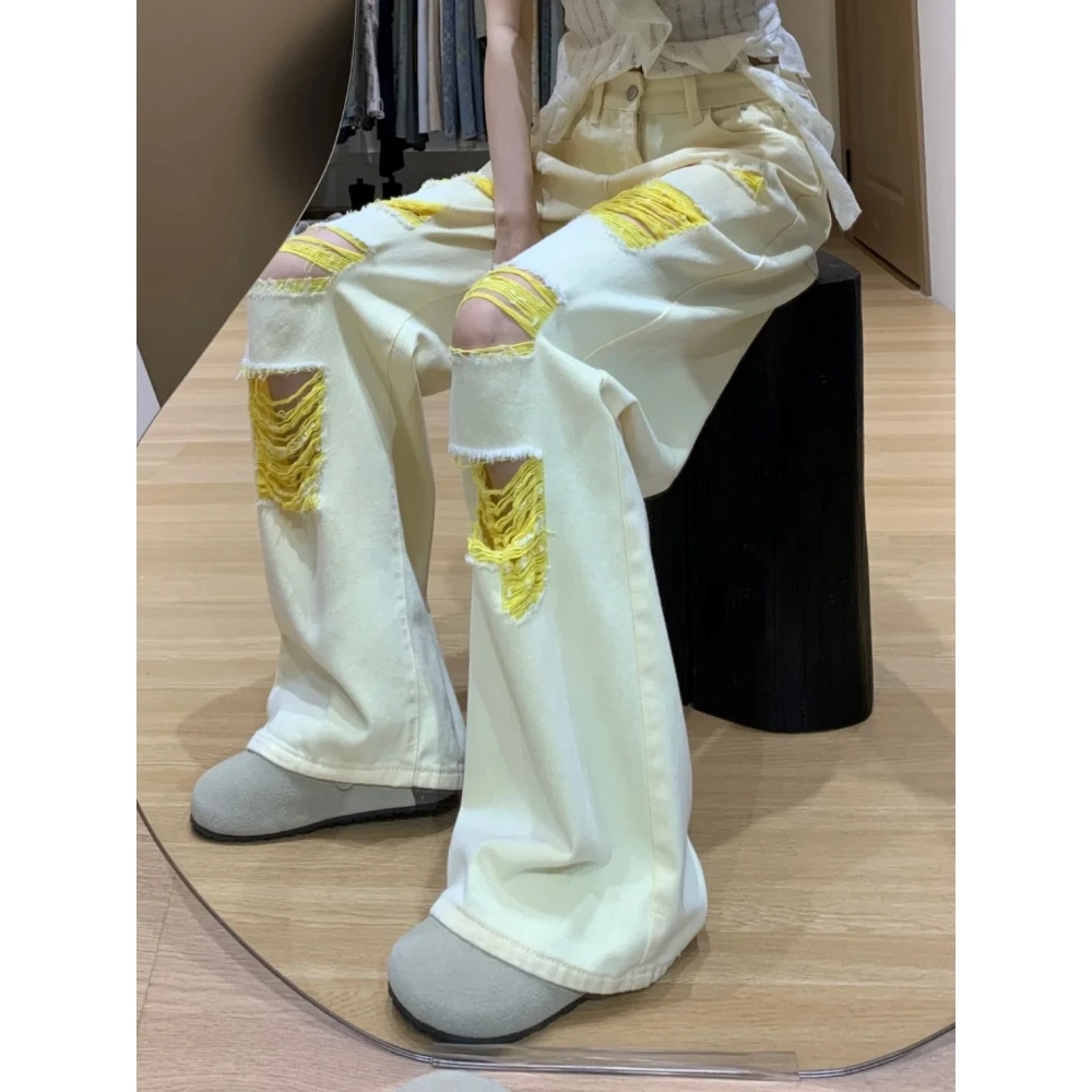 美式复古辣妹破洞小众牛仔裤女2025春夏新款高腰显瘦遮跨直筒裤子