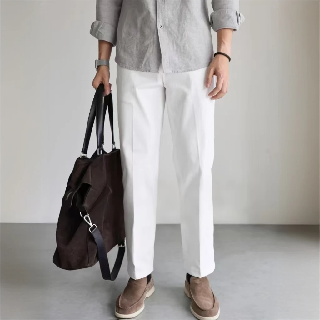 速干意式棉质透气弹力修身休闲白色西裤九分直筒男士九分四季款