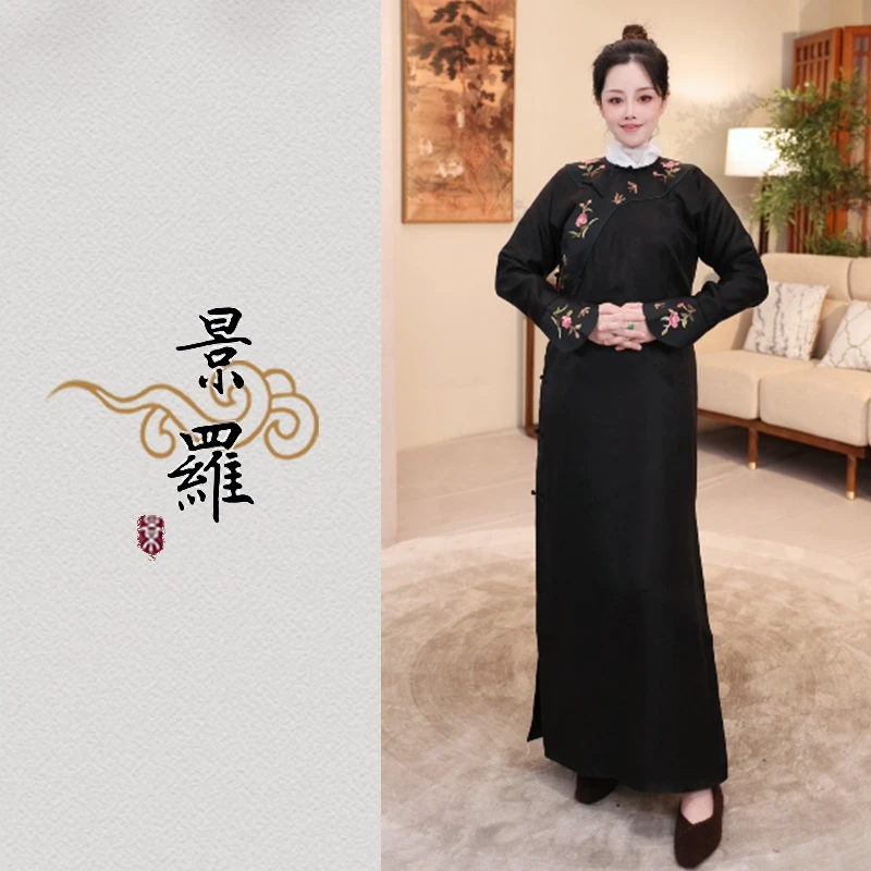 景罗秋冬新中式新国风百搭时尚女士桑蚕丝旗袍手绣连衣裙X05051