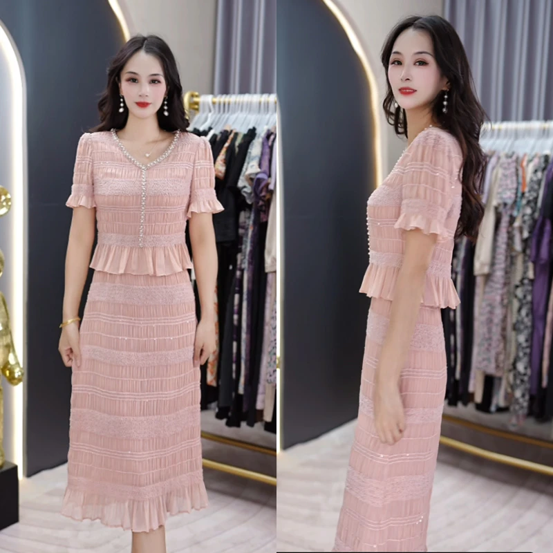 2025夏季新法式名媛小香风气质减龄粉色遮肚子假两件连衣裙M-4XL