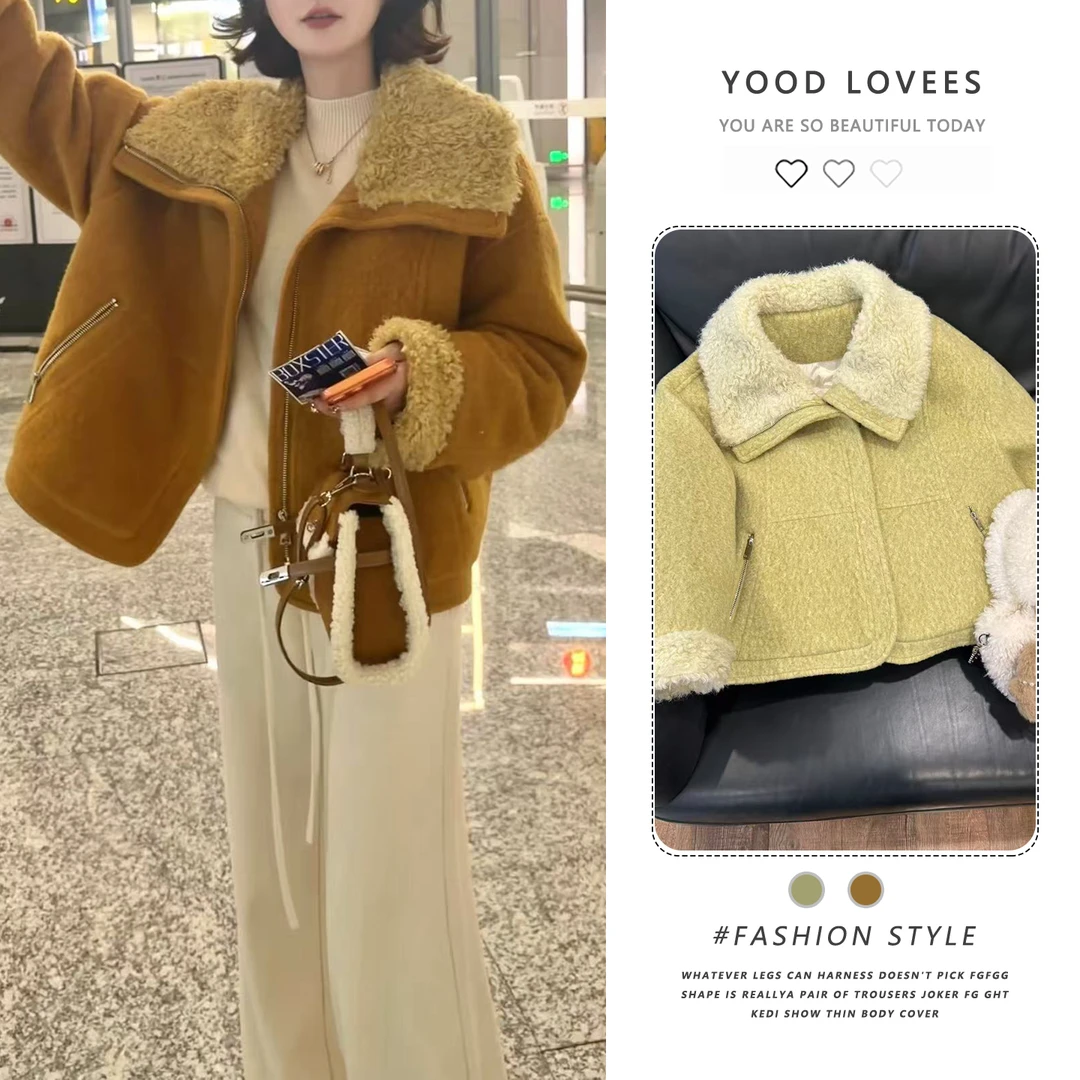 高级感大翻领毛毛拼接外套女秋冬季韩版加厚保暖短款夹克洋气上衣