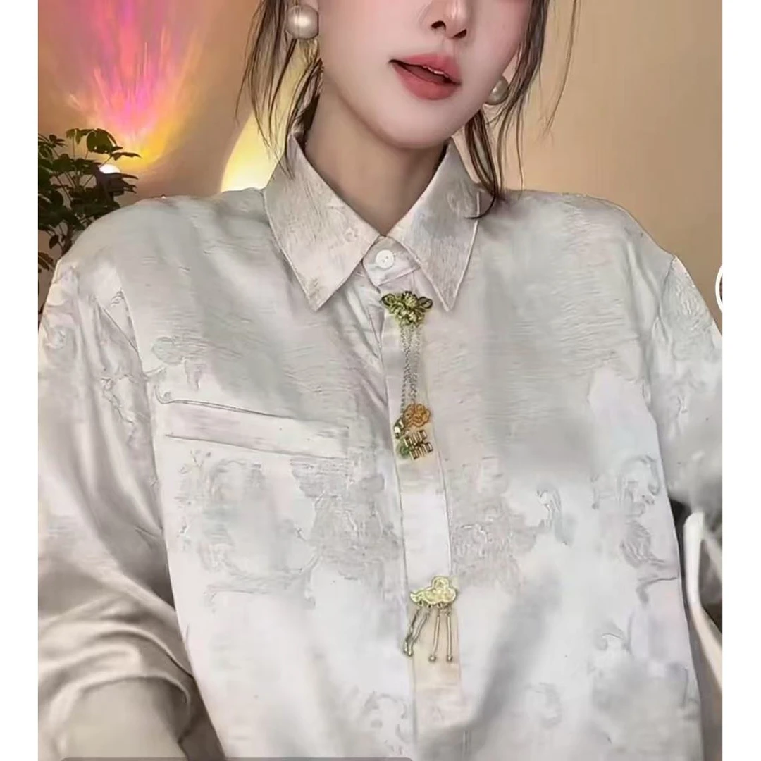 【胖瑶儿推荐】中式上衣缎面衬衫气质春季新款长袖大码8806