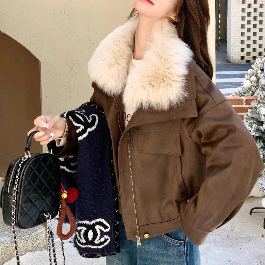 58869气质款大翻领毛毛夹克棉服外套