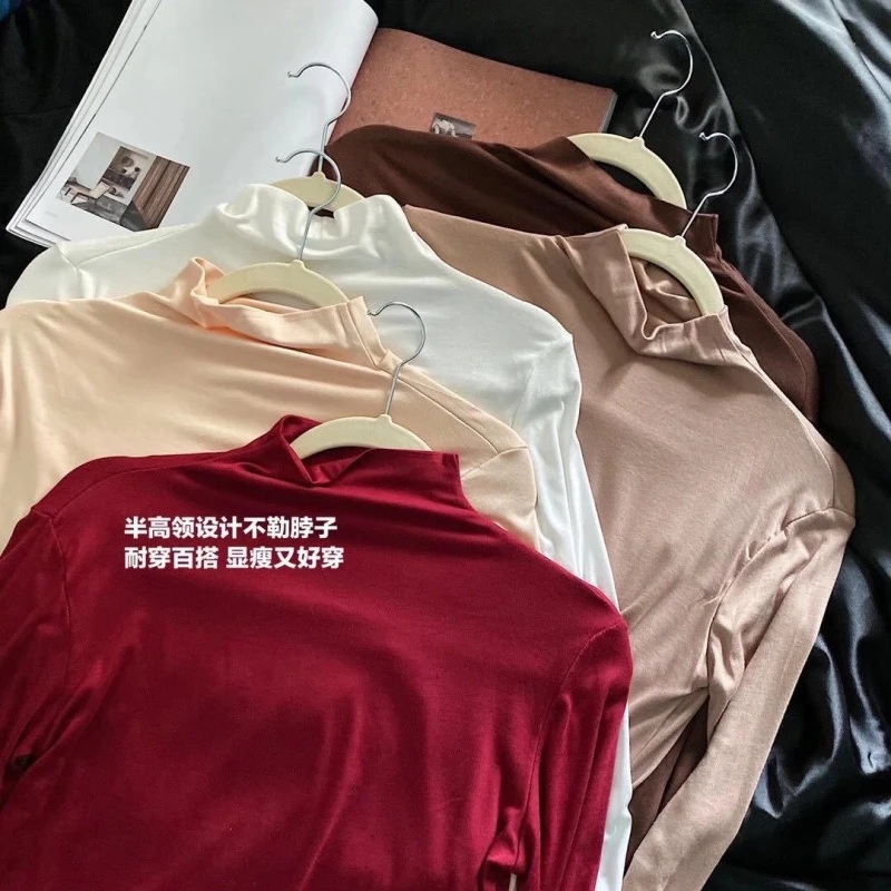 半高领打底衫女秋冬保暖内搭长袖t恤百搭黑堆堆领洋气上衣