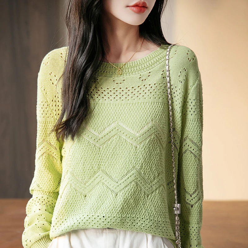 100%纯棉圆领镂空提花针织衫宽松百搭罩衫