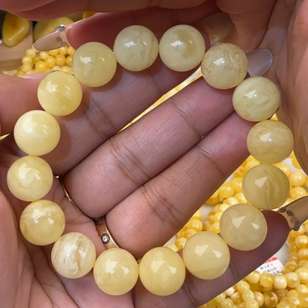 蜜蜡未镶嵌手链白花圆珠手串