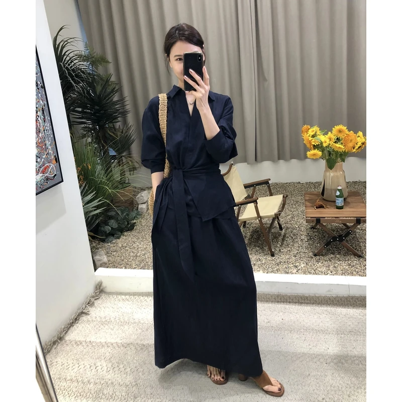法式气质莱赛尔亚麻收腰系带衬衫+2025显瘦半身长裙两件套套装女