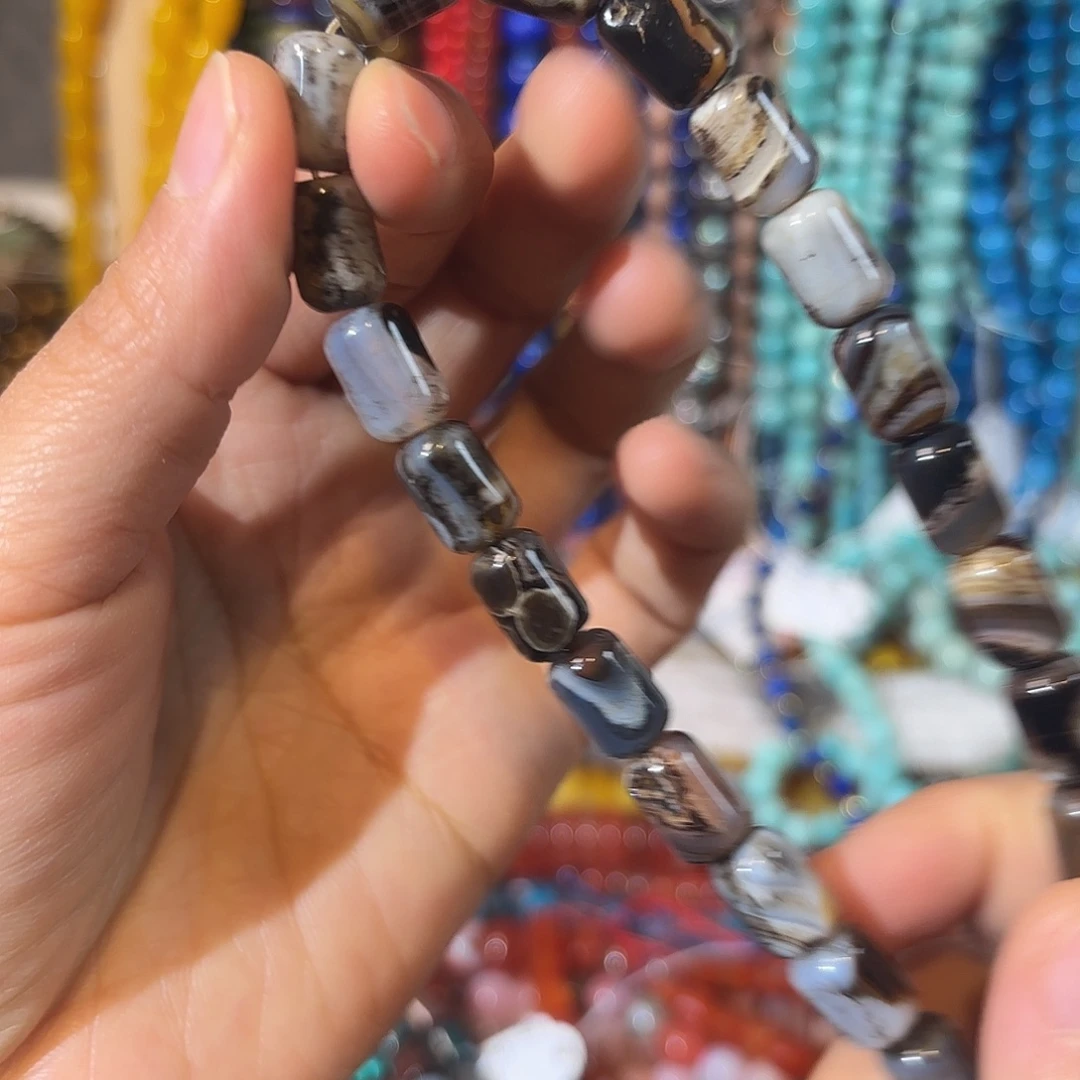 玛瑙/玉髓银S925镀金镶嵌珠宝半成品花玛瑙8-12一条