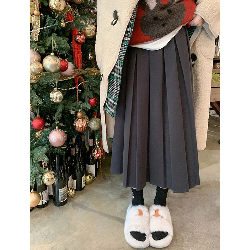 2025西装半身裙女中长款秋冬季高腰设计感百褶裙长裙7223