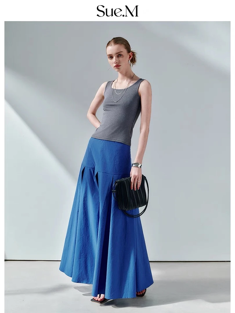 Sue.m法式优雅复古克莱因蓝大伞裙度假沙滩半身裙