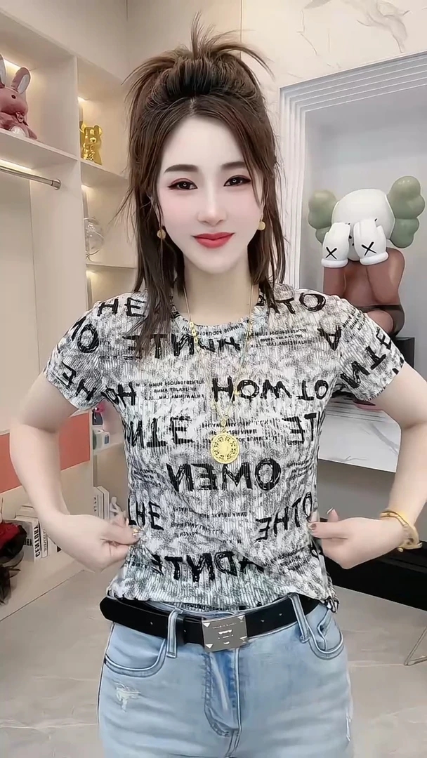 夏季新款时尚气质修身显瘦减龄大码圆领字母短袖T恤打底半袖上衣