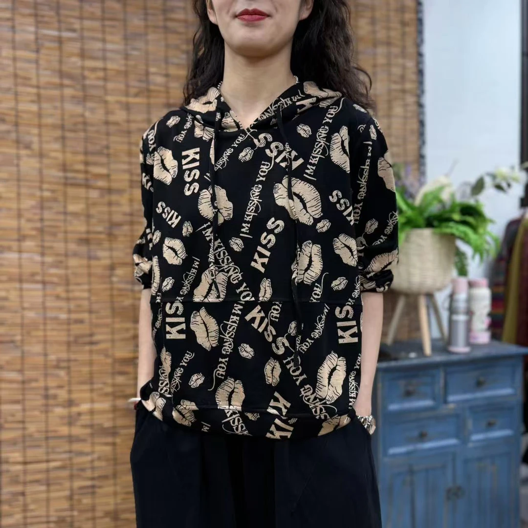 8855新款春季优雅减龄显瘦碎花洋气连帽T恤