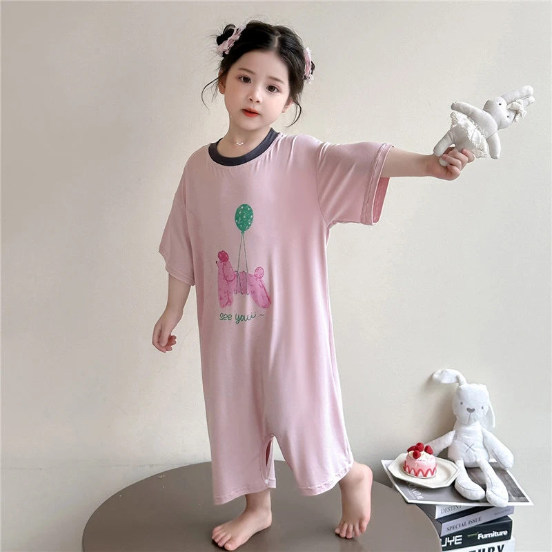 儿童连体睡衣夏季卡通女童薄款夏季莫代尔空调服女宝宝防着凉睡袋